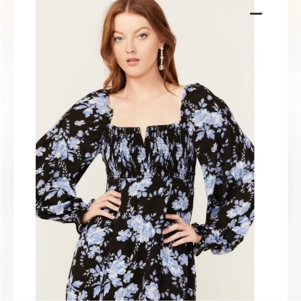 NEW Free People Jaymes Floral Print Square Neck Long Sleeves Midi Dress